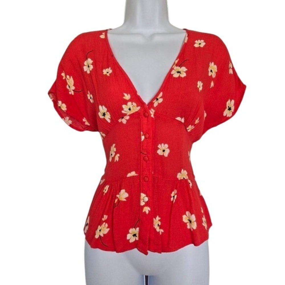 Hiatus Floral Rayon Button Front Smocked Back Blouse Size M Boho Cottagecore